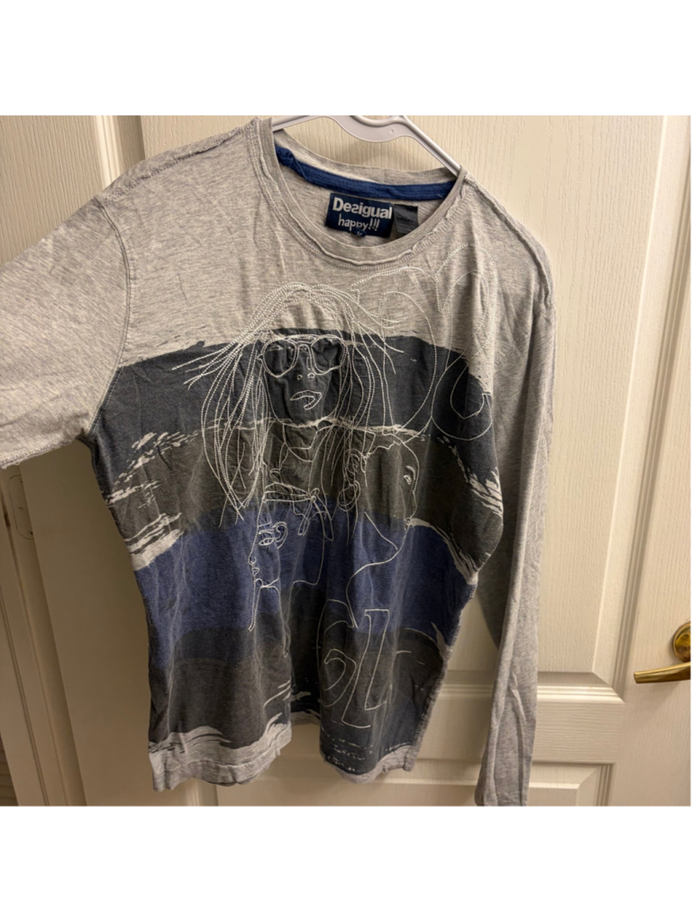 Mens Y2K Desigual Long Sleeve Graphic Tee Grey Blue Size M